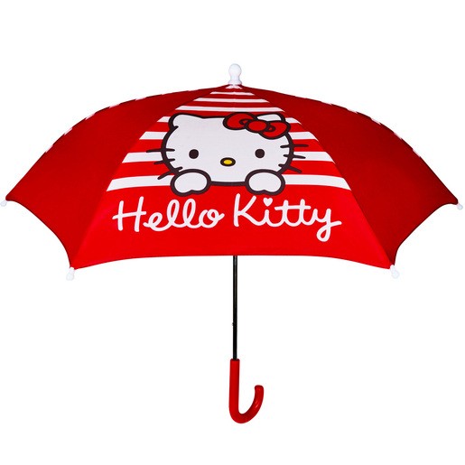 Red umbrella featuring a playful Hello Kitty design with a striped pattern, a cute bow, and the text "Hello Kitty," supported by a black metal frame and a red hook handle.
