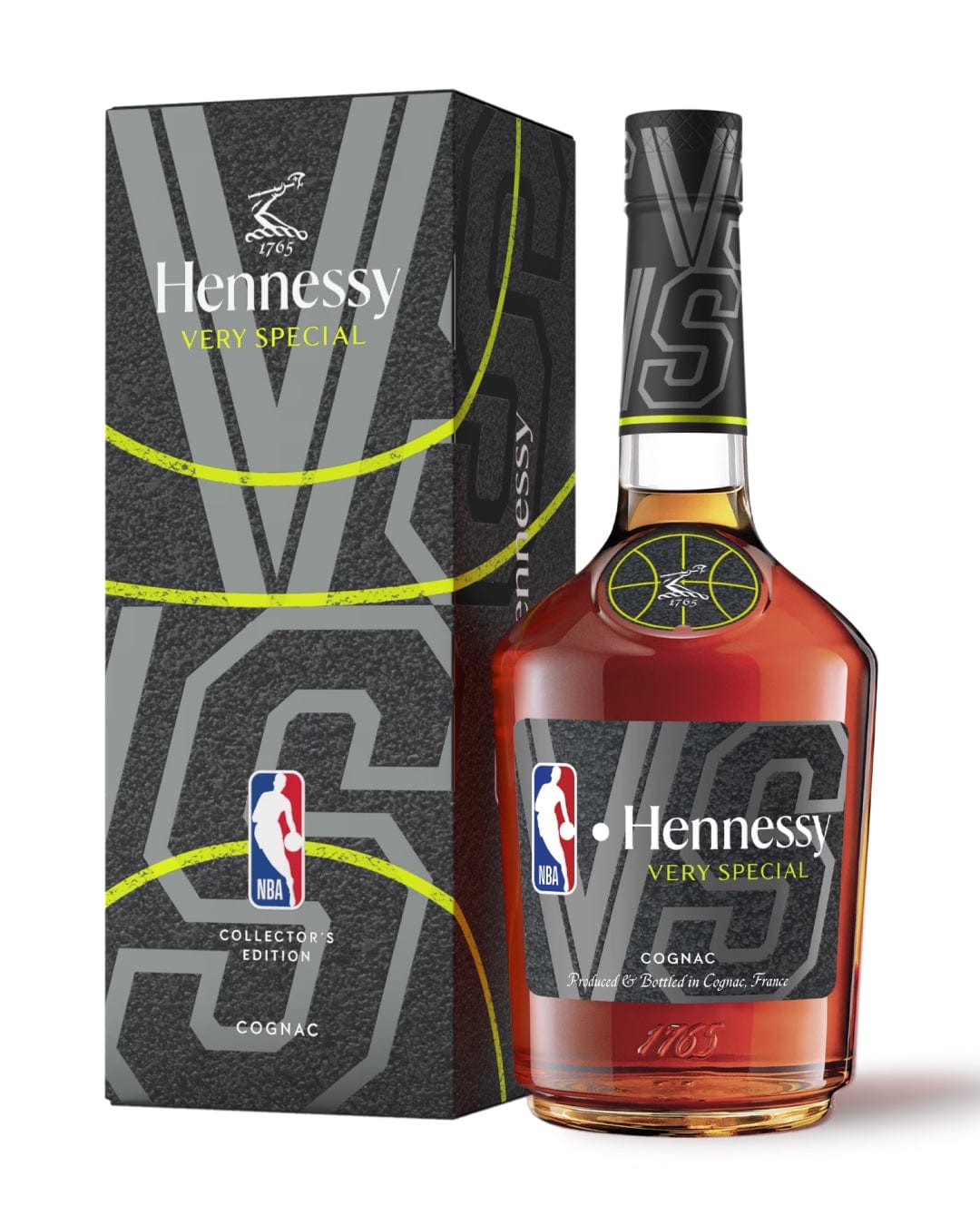 Hennessy VS NBA Season 4 Gift Box features a sleek black box with a textured finish, gold accents, and a basketball motif, containing a 70 Cl bottle of cognac with a vibrant label.