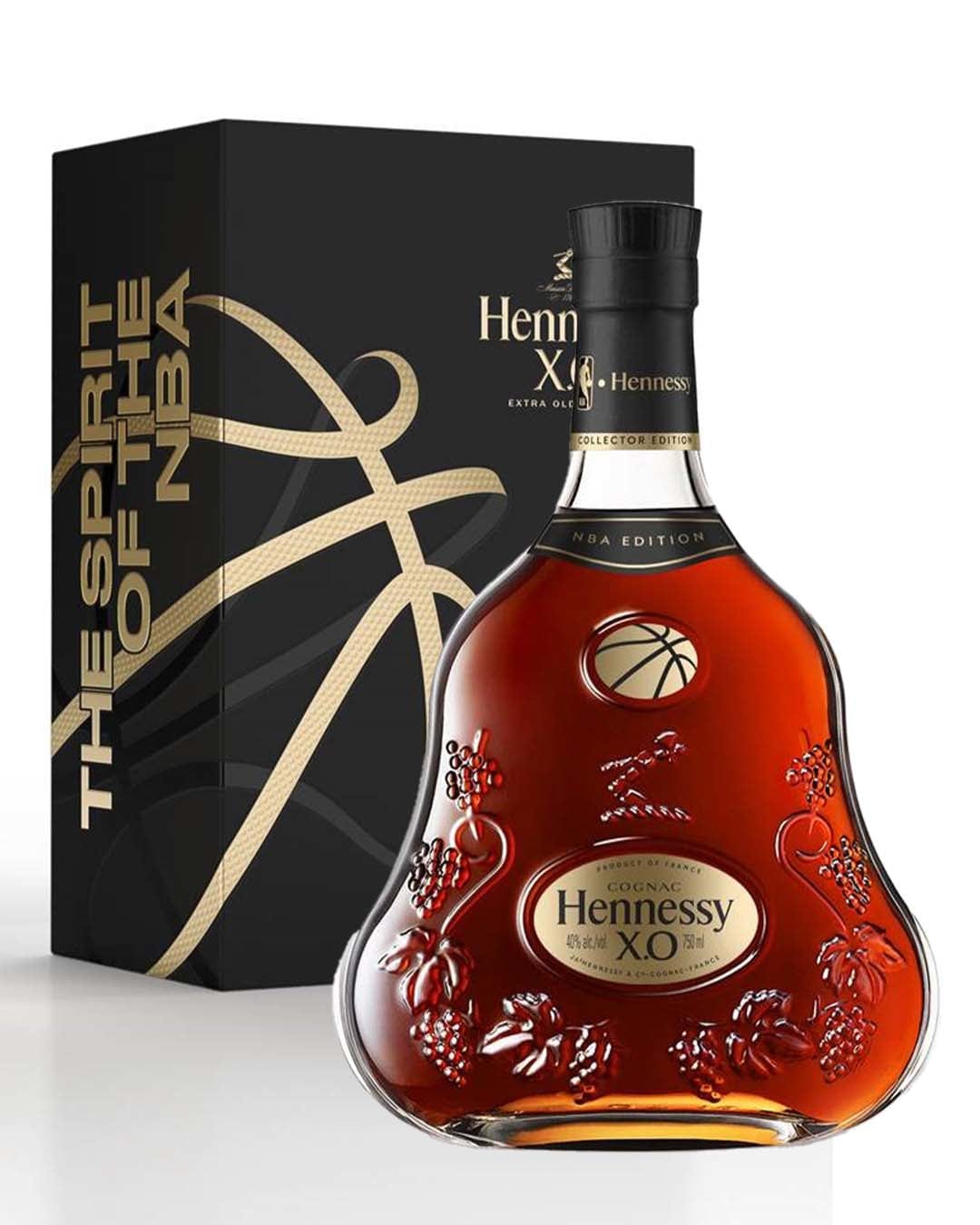 Hennessy X.O NBA Collector's Edition Season 3, featuring a curved glass bottle with a basketball emblem, rich amber cognac, and a sleek black box with gold accents.