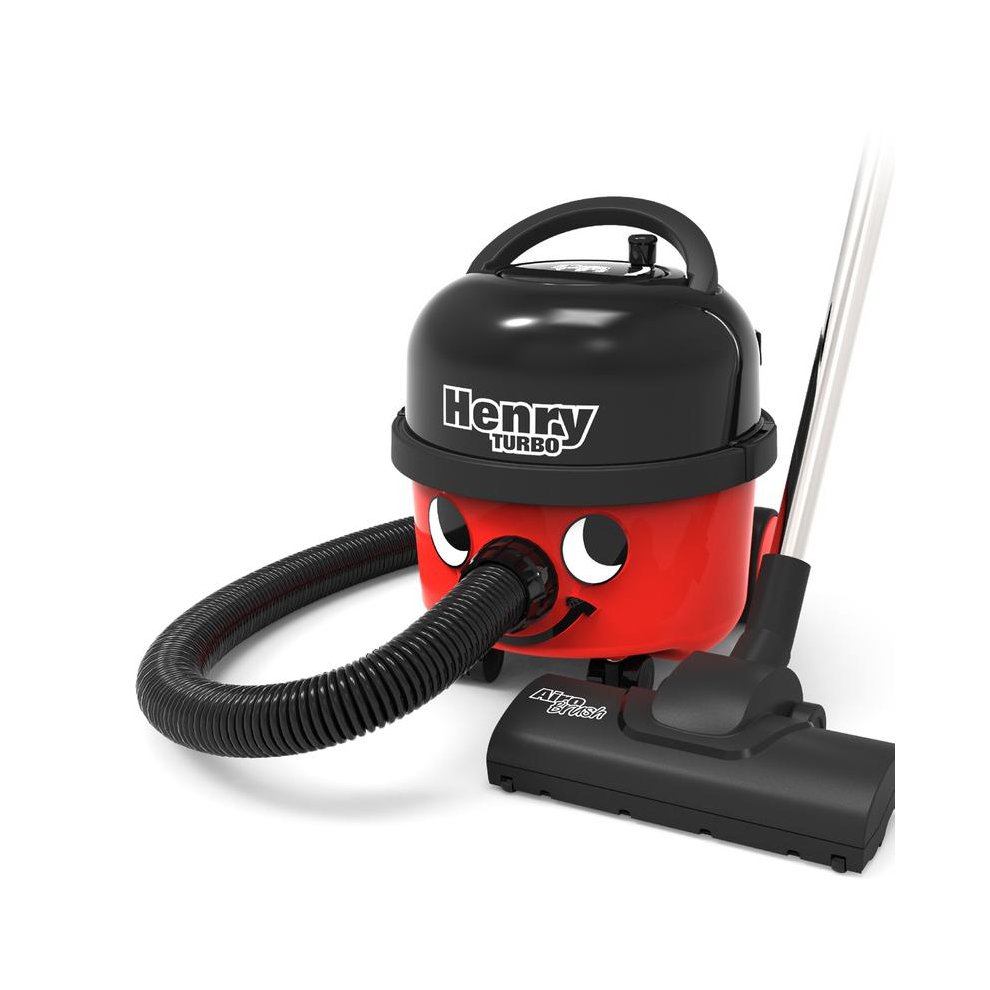 Red and black Numatic HVT160 Henry Turbo vacuum cleaner featuring a smiling face, flexible hose, and Airobrush attachment for efficient cleaning.