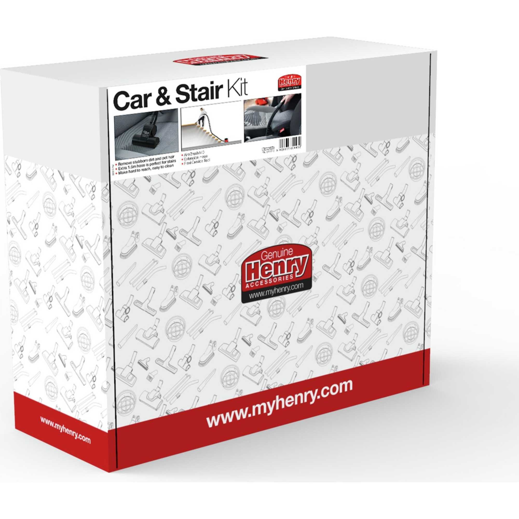 White box featuring a red bottom with "Genuine Henry" logo, labeled "Car & Stair Kit," showcasing vacuum accessories for car care with illustrations of tools on the sides.