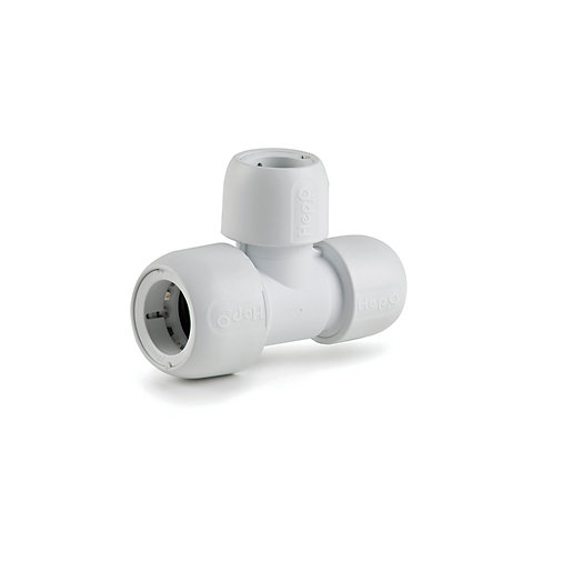White plastic Hep2O HD14/28W branch and one end reduced tee fitting, measuring 28mm x 22mm x 22mm, featuring smooth surfaces and a modern design for plumbing applications.
