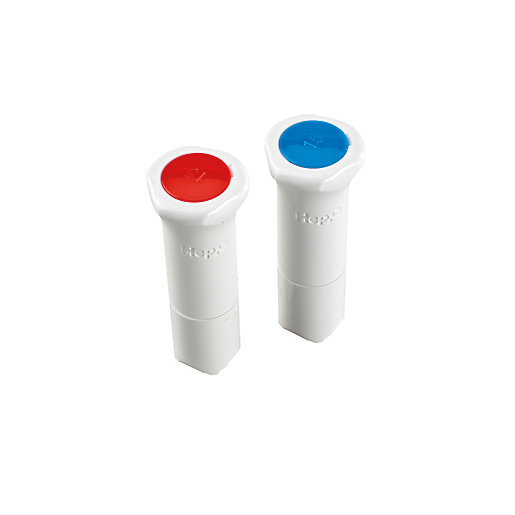 Two demountable fitting blanking pegs in white plastic, one with a red top and the other with a blue top, designed for 15mm fittings by Hep2O.
