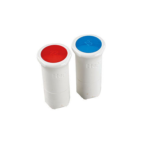 Two demountable fitting blanking pegs in white plastic, one with a red cap and the other with a blue cap, both labeled "22," designed for 22mm fittings.