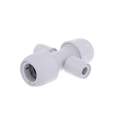 White plastic two-port manifold with all socket design, featuring 22mm and 10mm connections, showcasing smooth curves and a compact structure.