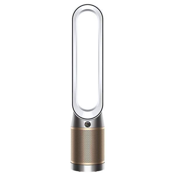 Dyson HEPA Cool Formaldehyde Air Purifier in white and silver, featuring a sleek, cylindrical base with a mesh grille and a tall, looped air outlet design.