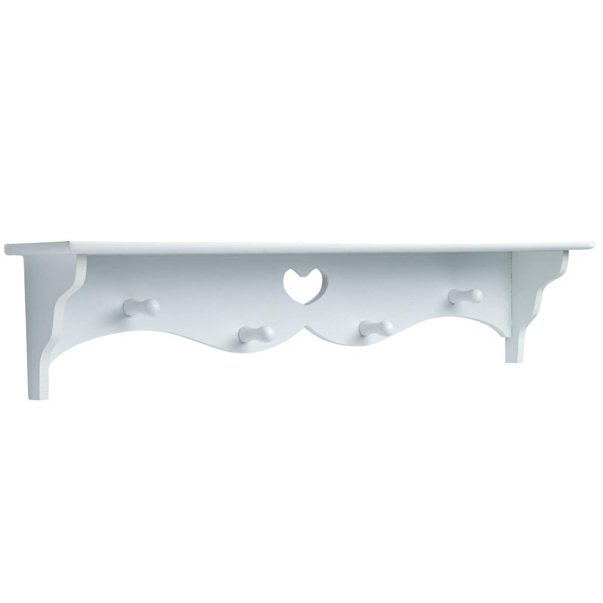 White wooden shelf with a decorative heart cutout and four hooks, featuring a curved design and smooth finish, ideal for hanging items or displaying decor.
