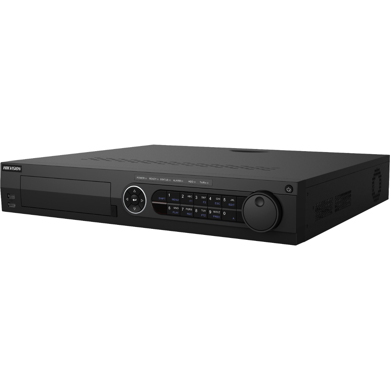 Black Hikvision IDS-7316HQHI-M4/S Digital Video Recorder with a sleek design, front control panel featuring buttons and a dial, and a disc drive slot on the left side.