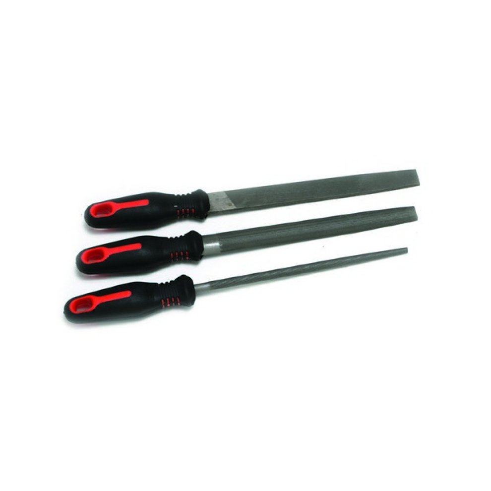 Three-piece engineers file set in black and silver, featuring ergonomic black handles with red accents, including varying lengths for versatile filing tasks.