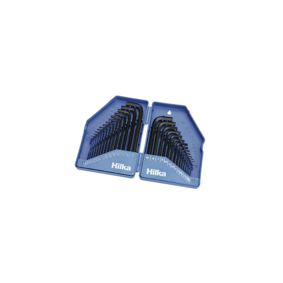 Hilka 21153003 Hex Allen Key Set featuring 30 black metal keys in a blue folding case, with a ruler marked on the edge for easy measurement.