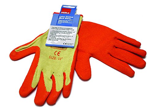 Latex-coated orange gloves with a yellow fabric lining, featuring a size label of 8 (small) attached to the wrist area.