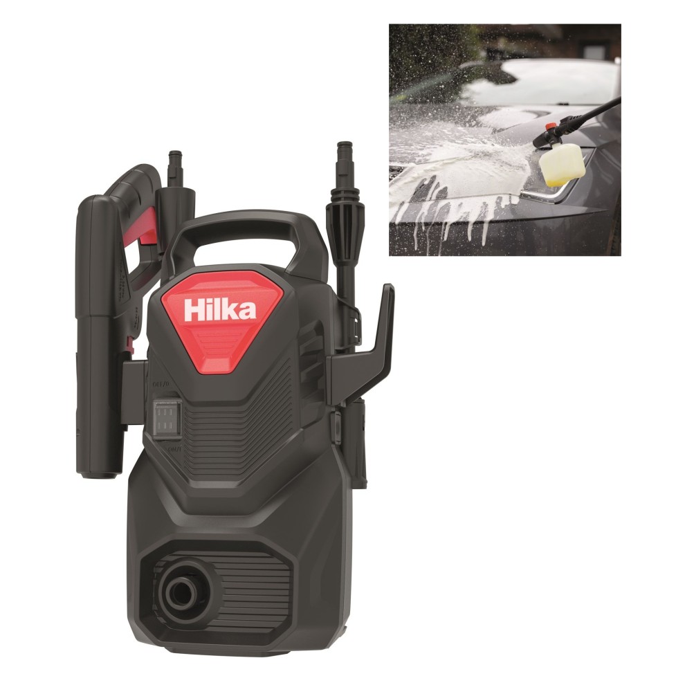 Hilka 1200W pressure washer in black and red, featuring a foam bottle attachment, sturdy handle, and multiple nozzle options for versatile cleaning.