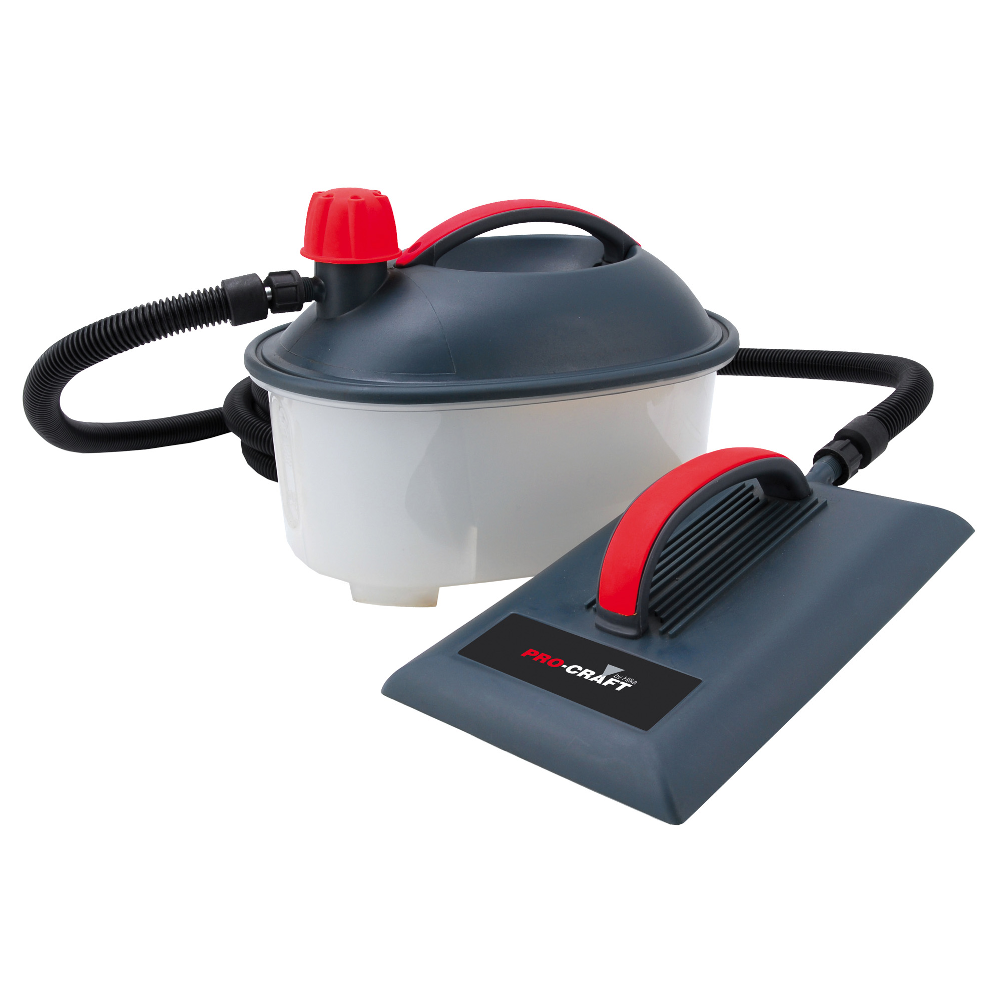 2000W steam wallpaper stripper in gray and red, featuring a large water tank, flexible hose, and a flat stripping tool with a textured handle for easy use.