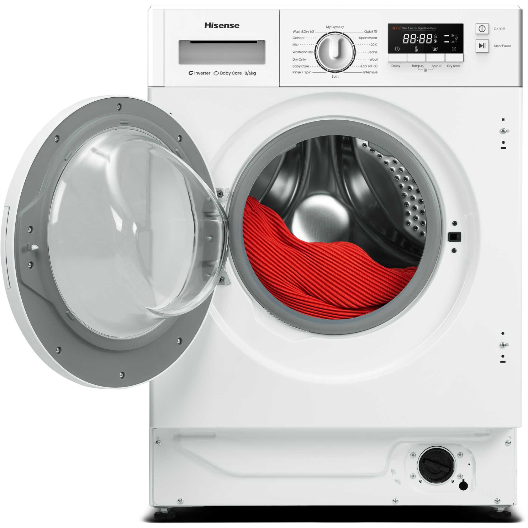 White Hisense washing machine with a transparent door showing red laundry inside, digital display with settings, and a control knob on the bottom right.