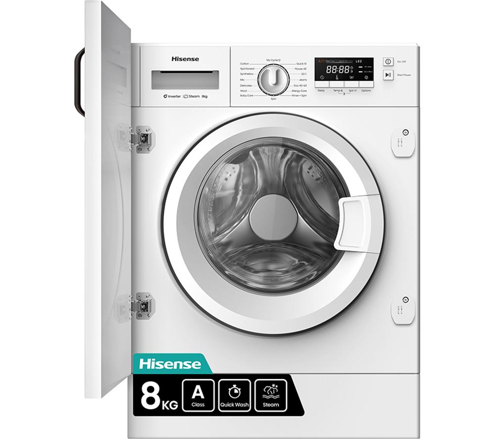 White front-loading washing machine with a transparent door, control panel with digital display, and a capacity of 8 kg, featuring quick wash and steam options.