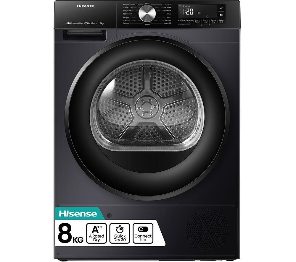 Black front-loading dryer with a large circular door, digital control panel, and an 8 kg capacity, featuring quick dry and energy-efficient ratings.
