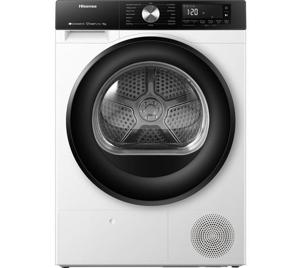 White front-loading dryer with a large black circular door, digital display, control panel at the top, and vent at the bottom, featuring a modern design and sleek finish.