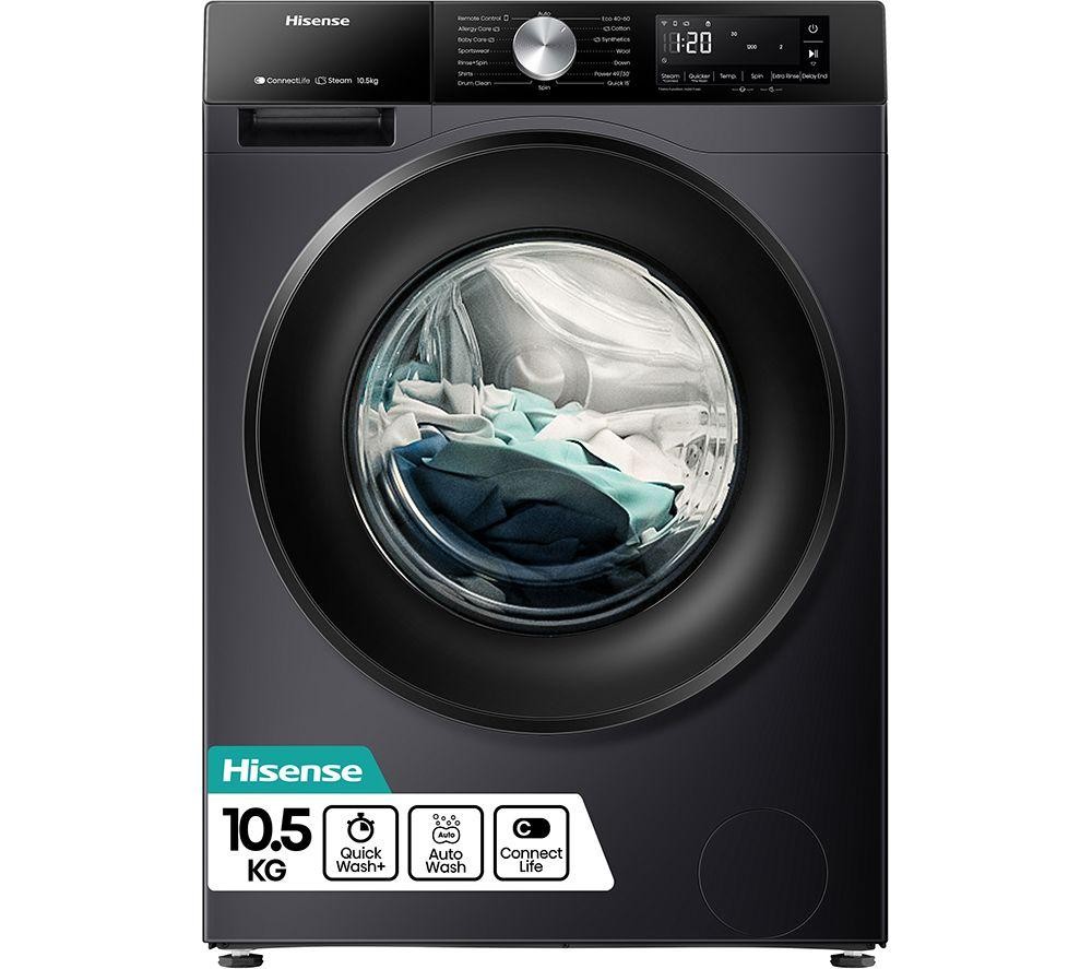 Black Hisense 3S Series WF3S1043BB3 washing machine featuring a transparent door, digital display, and a 10.5KG capacity with 1400RPM spin speed and various wash options.