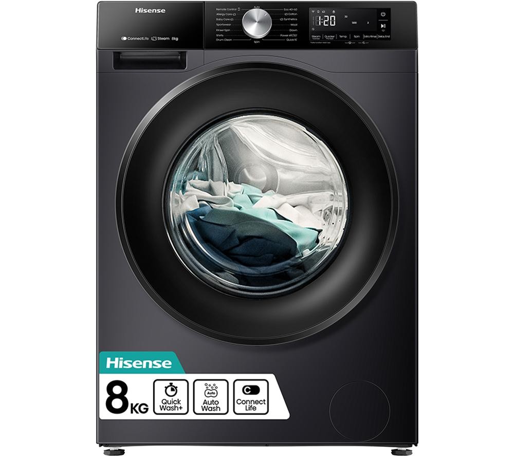 WiFi-enabled Hisense 3S Series washing machine in black, featuring a large transparent door, 8kg capacity, 1400 spin speed, and control panel with various wash settings.