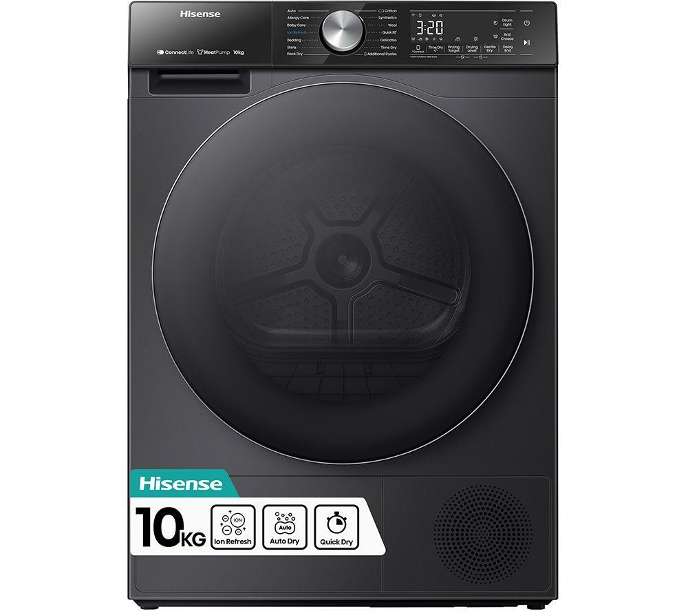Black Hisense DH5S102BB dryer with a large circular door, control panel featuring a digital display, and a 10 kg capacity label on the front.
