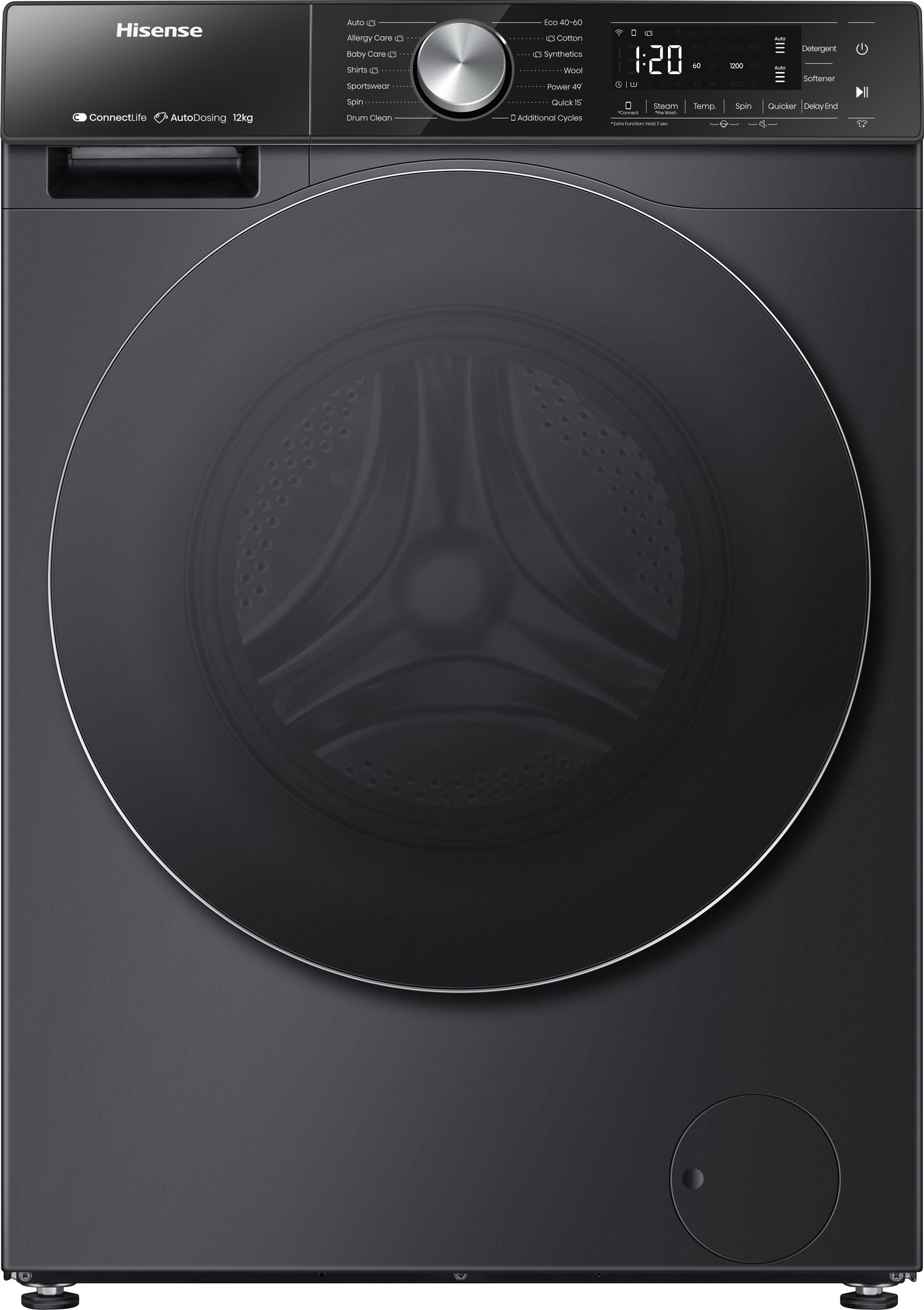 Front-loading washing machine in sleek black, featuring a large transparent door, control panel with digital display, and a silver dial for settings.