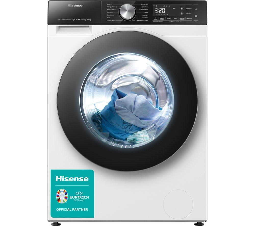 White front-loading washing machine with a large glass door, digital display, and control panel at the top, featuring a blue and green Hisense logo.