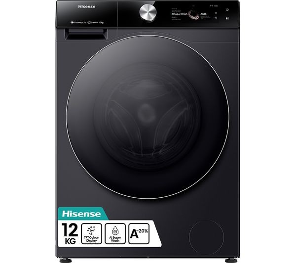 Black Hisense 7S Series washing machine with a 12KG capacity, 1400RPM spin speed, front-loading design, and an intuitive control panel featuring a digital display.
