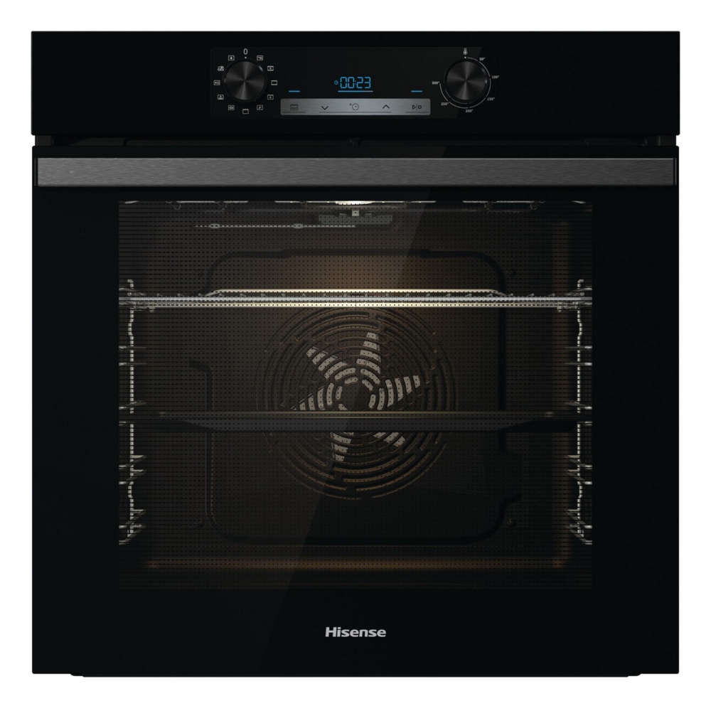 Black built-in oven with a sleek glass front, digital display, control knobs, and two metal shelves; features pyrolytic self-cleaning and a 77L capacity.