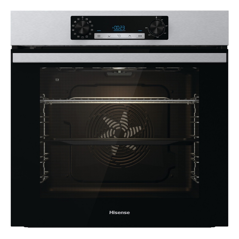 Stainless steel built-in oven with a sleek black glass front, featuring a digital display, control knobs, and a pyrolytic self-cleaning function, designed for 60cm installations.
