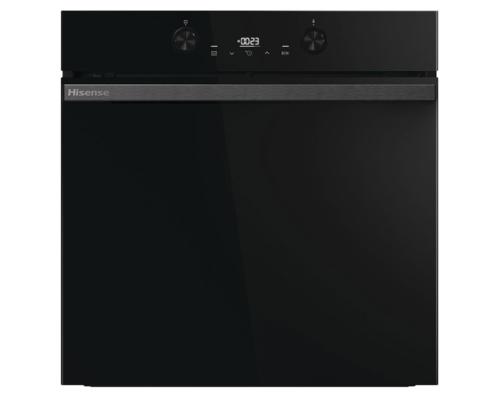 Jet black electric pyrolytic oven with a sleek design, featuring a digital display, two control knobs, and a stainless steel handle, ideal for modern kitchens.