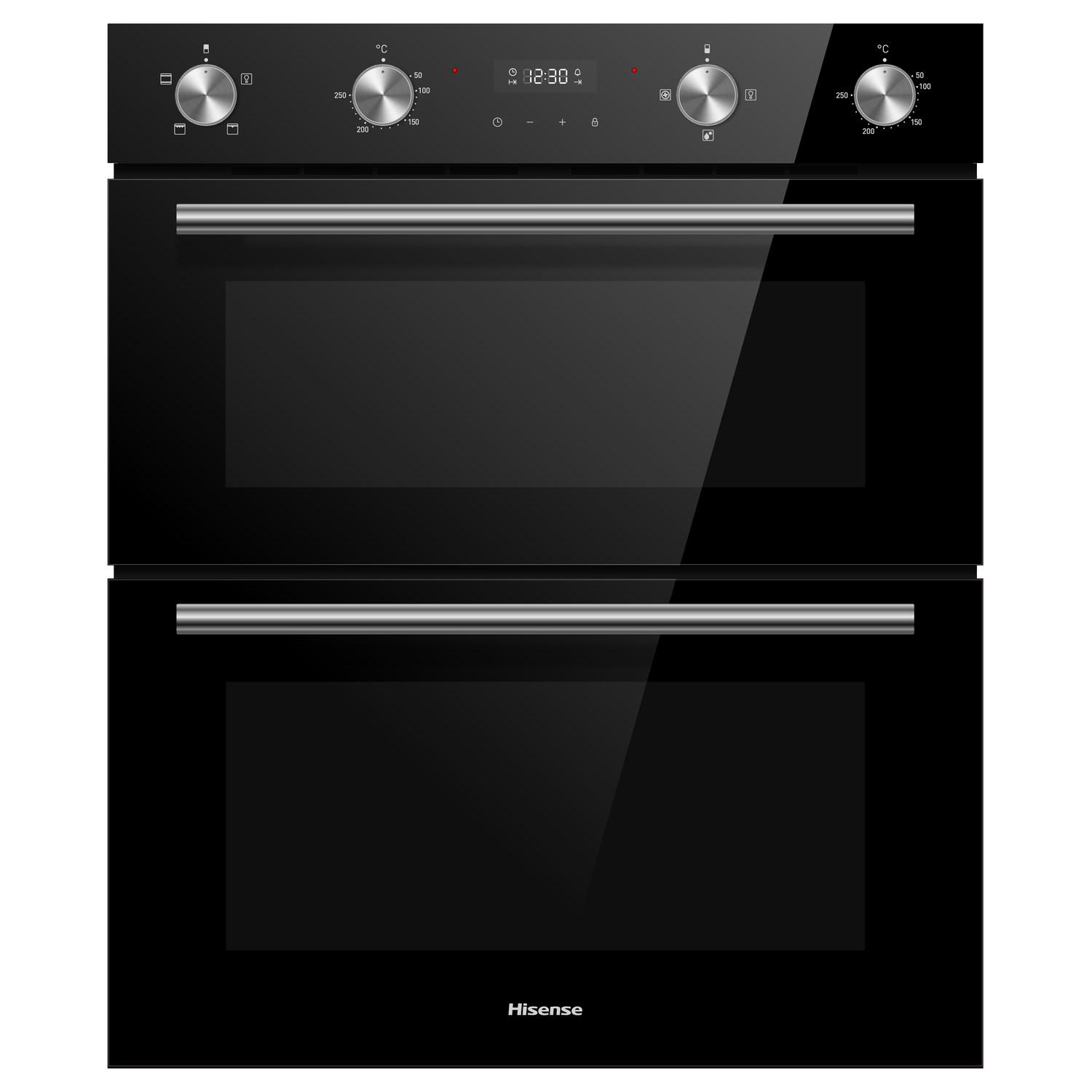 Sleek black double oven with stainless steel knobs, featuring two large glass doors and a digital display showing the time, designed for modern kitchens.