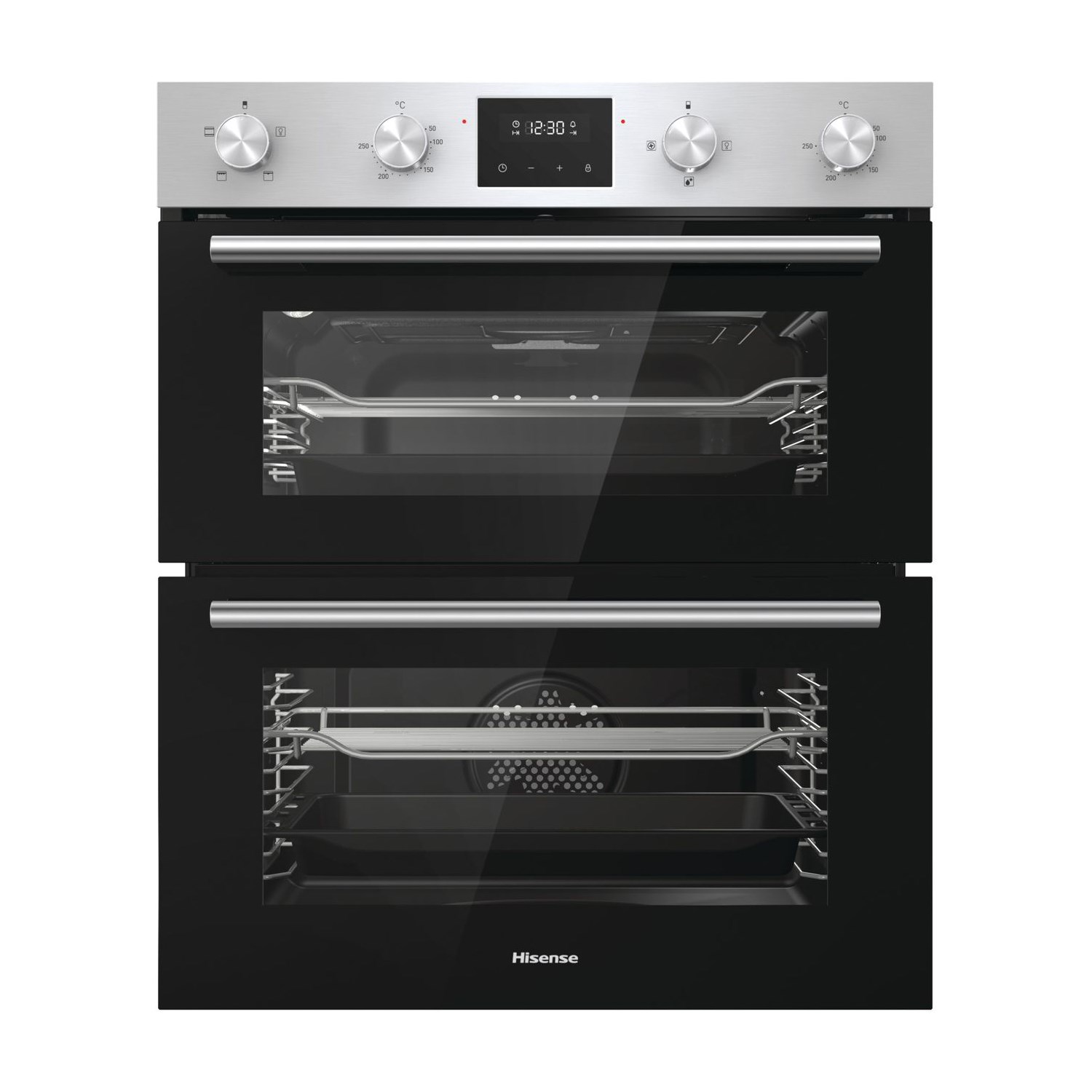 Stainless steel built-under double oven with a sleek black glass front, featuring two large viewing windows, control knobs, and a digital display.
