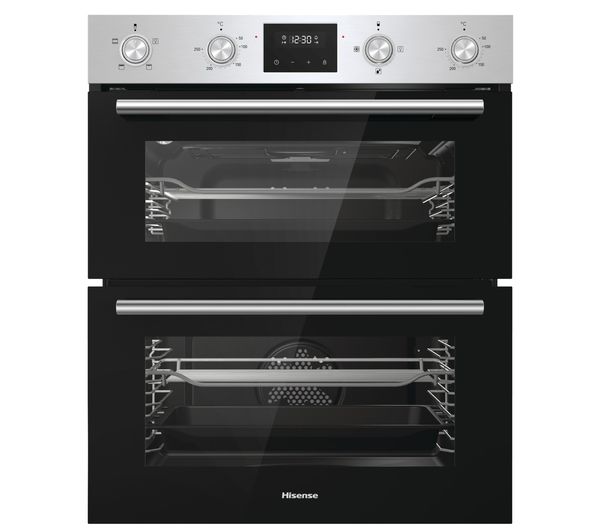 Hisense BID79222CXUK built-in double oven with stainless steel control knobs, digital display, and black glass doors, featuring two spacious cooking compartments.