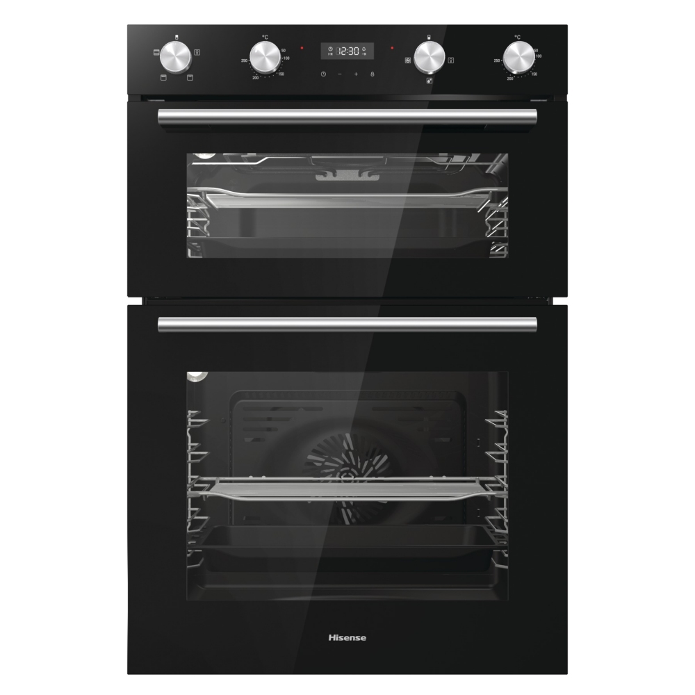 Black double oven with stainless steel knobs and handles, featuring a digital display and large glass doors for easy viewing of cooking progress.