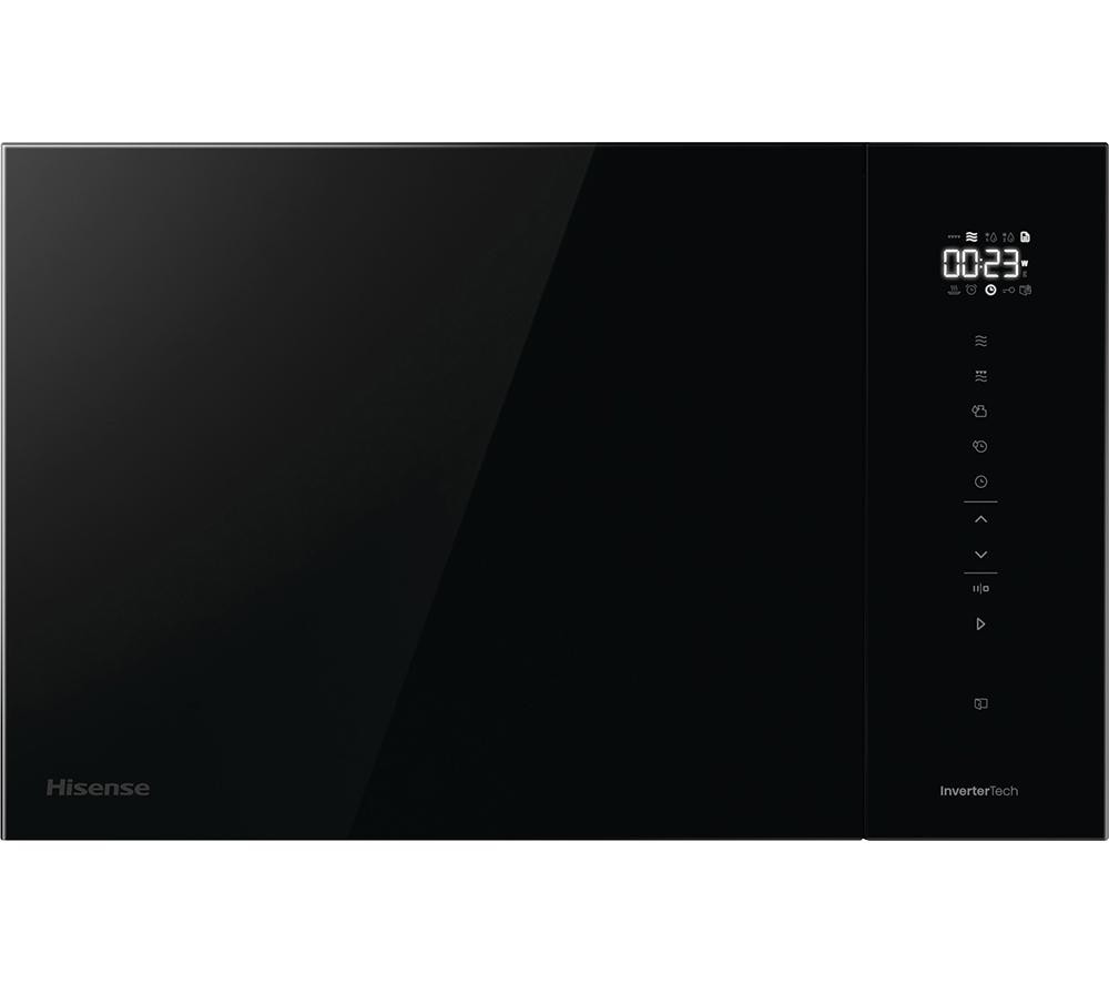 Sleek black built-in microwave with grill feature, featuring a smooth glass panel, digital control display, and minimalist design.