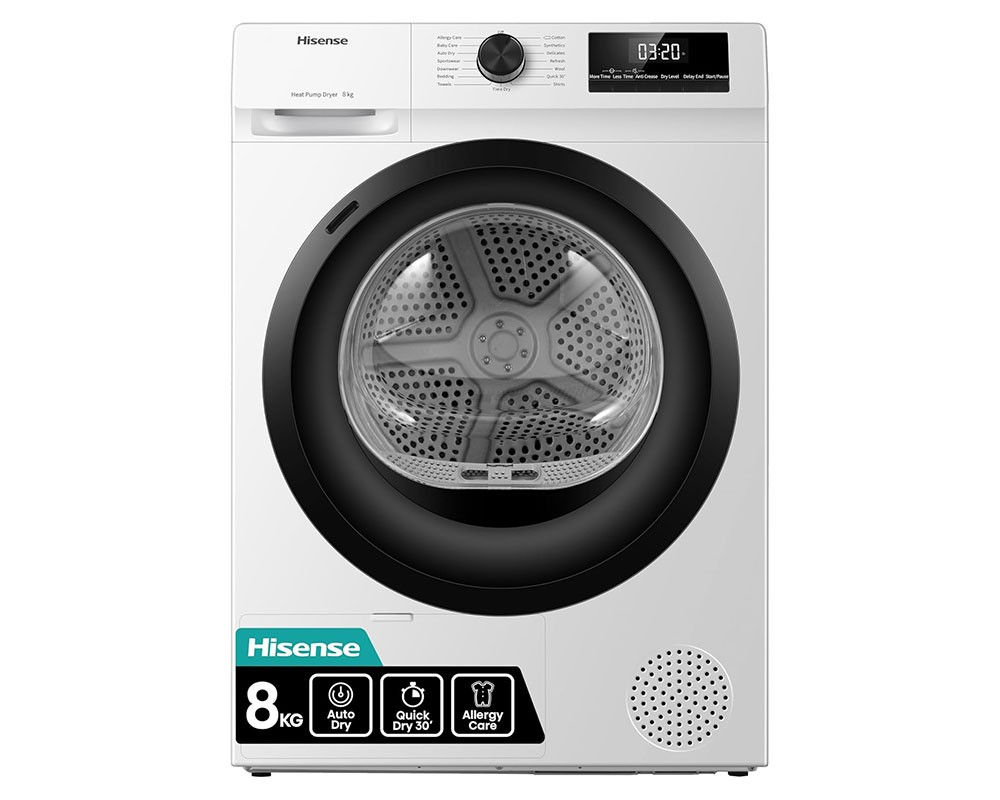 White Hisense 1Q Series DH1Q802BW2 heat pump tumble dryer with a large black door, digital display, and labels for 8 kg capacity, auto dry, quick dry, and allergy care features.