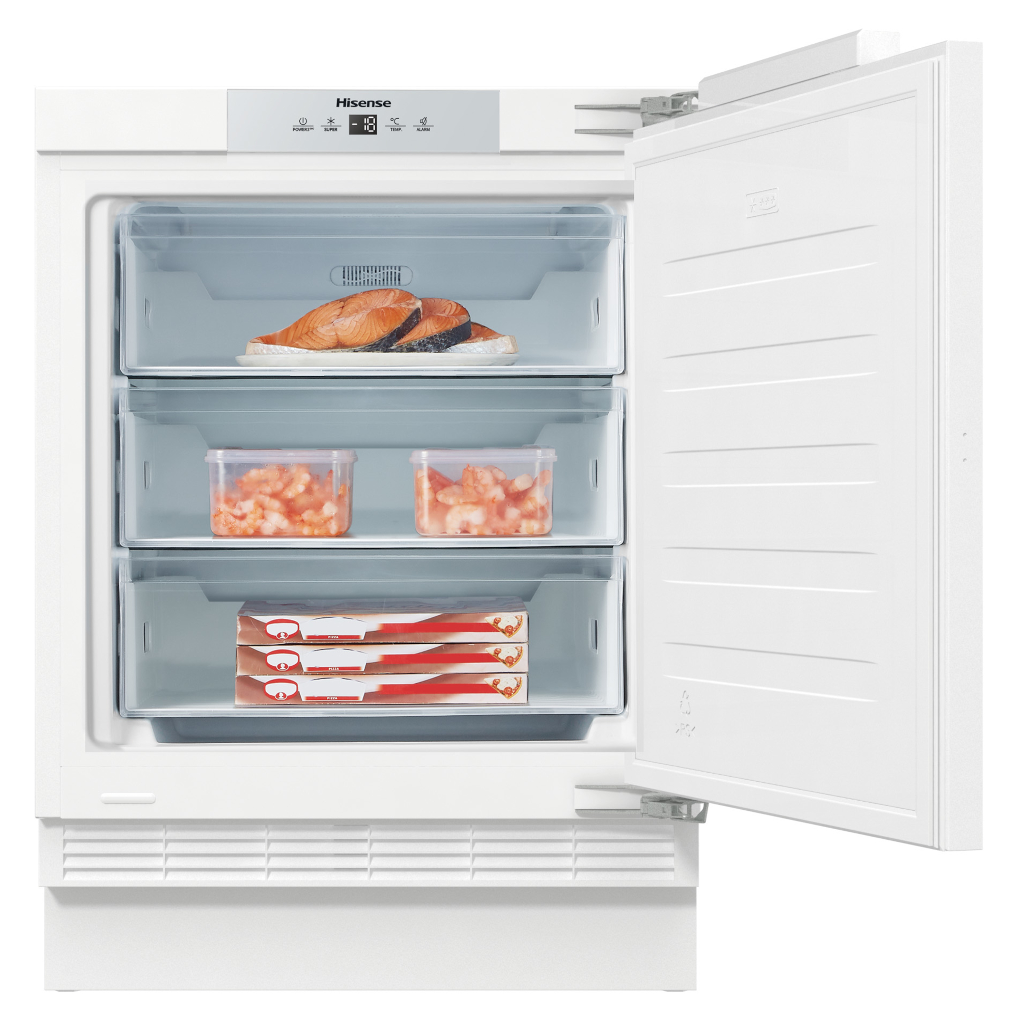 Hisense FUV124D4AWE integrated undercounter freezer with a white exterior, featuring three transparent drawers and a fixed hinge, displaying frozen foods like shrimp and baked goods.