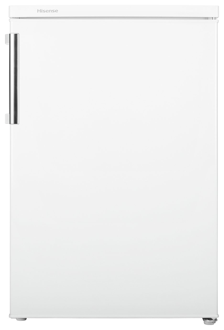 White Hisense FV105D4BW21 refrigerator with a sleek design, featuring a stainless steel handle and a smooth, glossy finish.