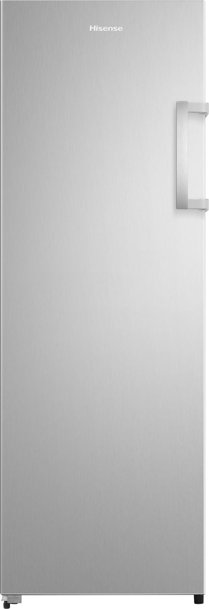 Silver stainless steel refrigerator with a sleek, minimalist design, featuring a prominent handle and the Hisense logo at the top.