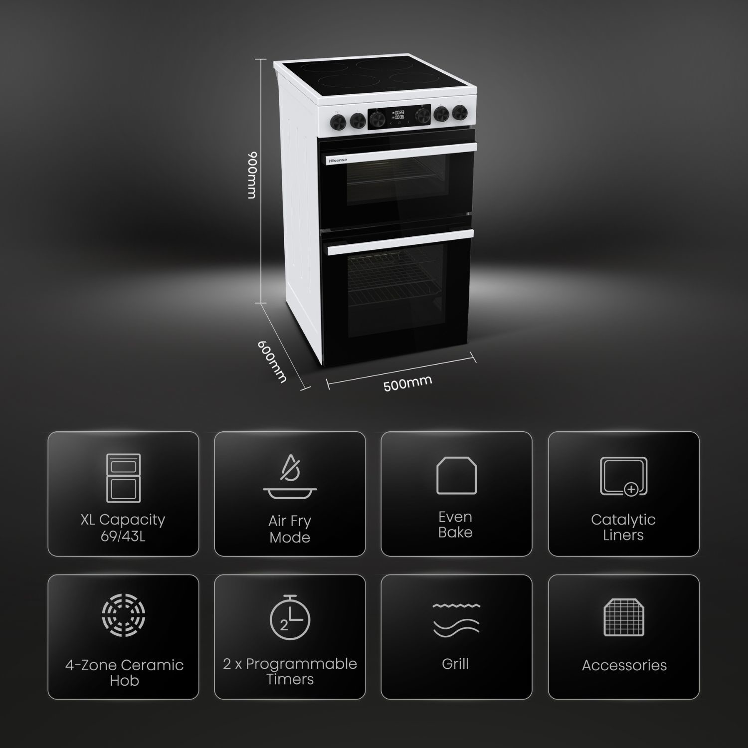 Hisense HDCEC5C10W 50cm A Rated Electric Cooker with Ceramic Hob - image 2
