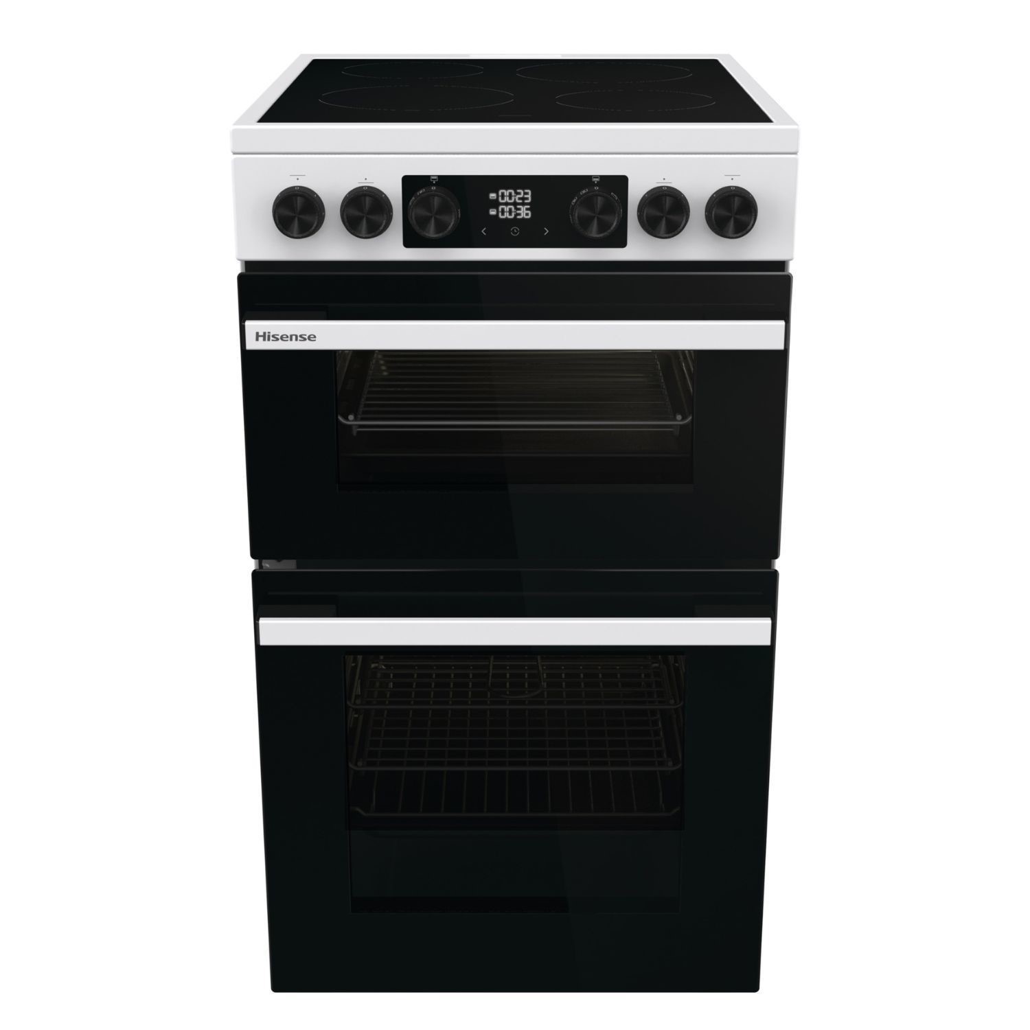 White electric ceramic cooker with a black glass front, featuring two ovens, four control knobs, and a digital display for temperature settings.