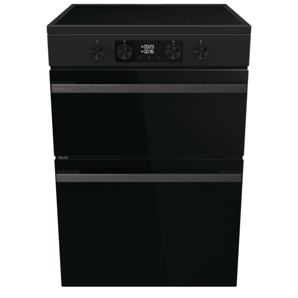 Sleek black Hisense HDCEIT6C20B double oven with a smooth top, digital display, and four control knobs, featuring a modern design and stainless steel accents.