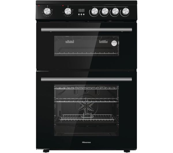 Hisense HDE3211BBUK 60cm electric cooker in black, featuring a double oven design, stainless steel knobs, and a digital display for precise cooking control.