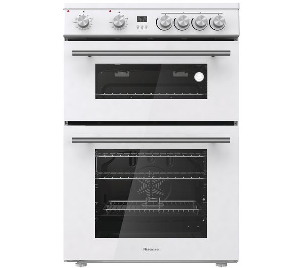 White Hisense HDE3211BWUK 60cm electric cooker featuring two ovens, stainless steel handles, control knobs, and a digital display.