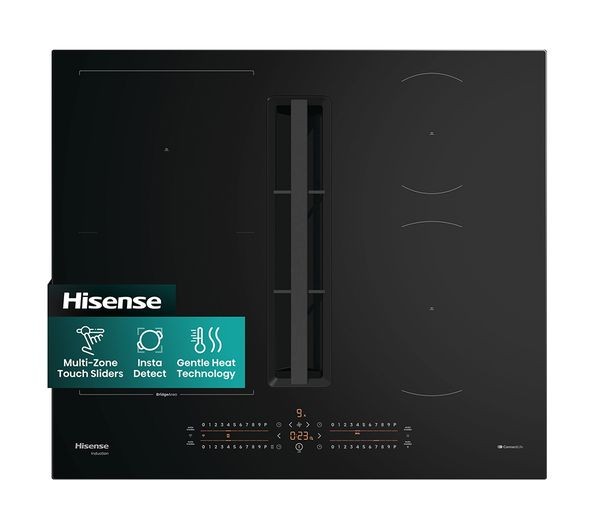 Black glass induction hob featuring multi-zone touch sliders, Insta Detect technology, and gentle heat technology, with a sleek modern design and control panel at the front.