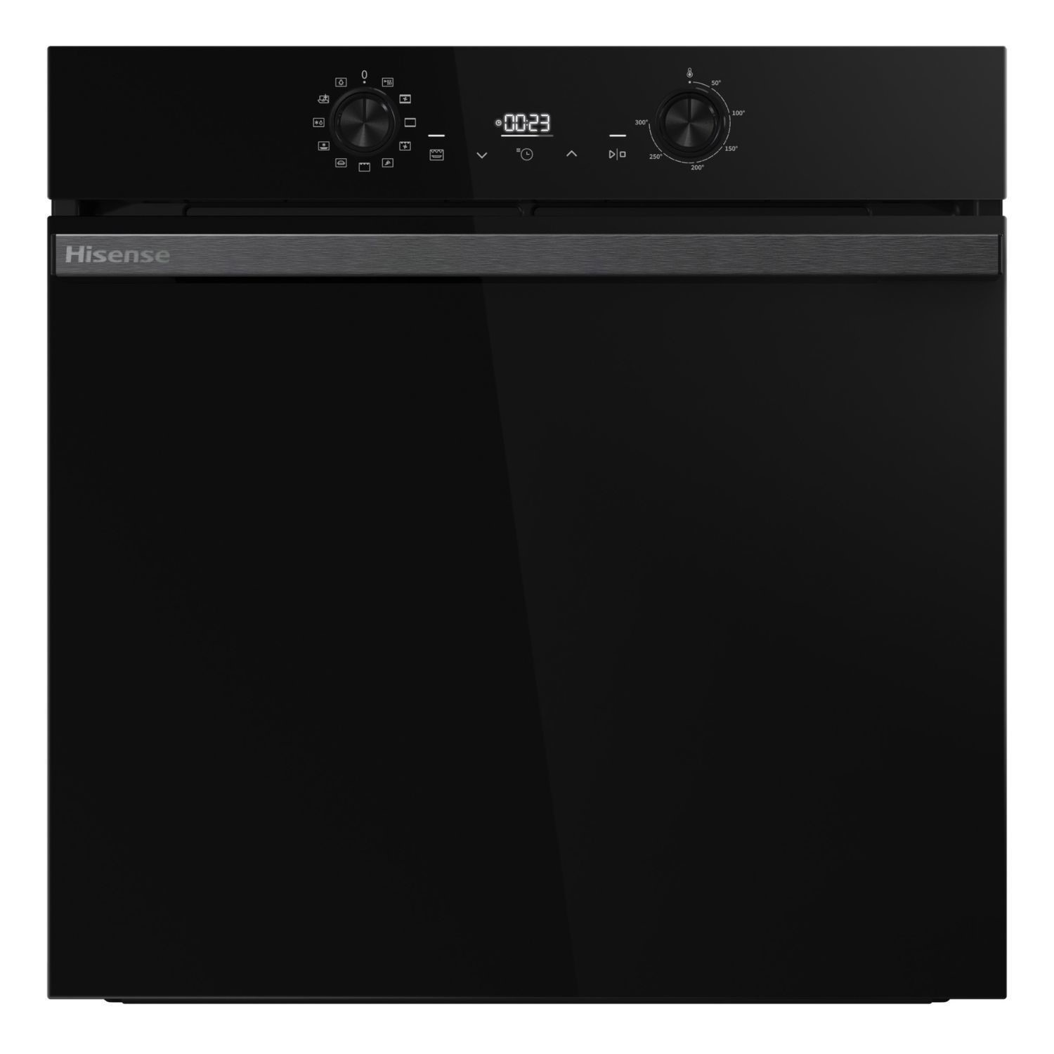 Black built-in oven with a sleek design, featuring a digital display, two control knobs, and a stainless steel handle.