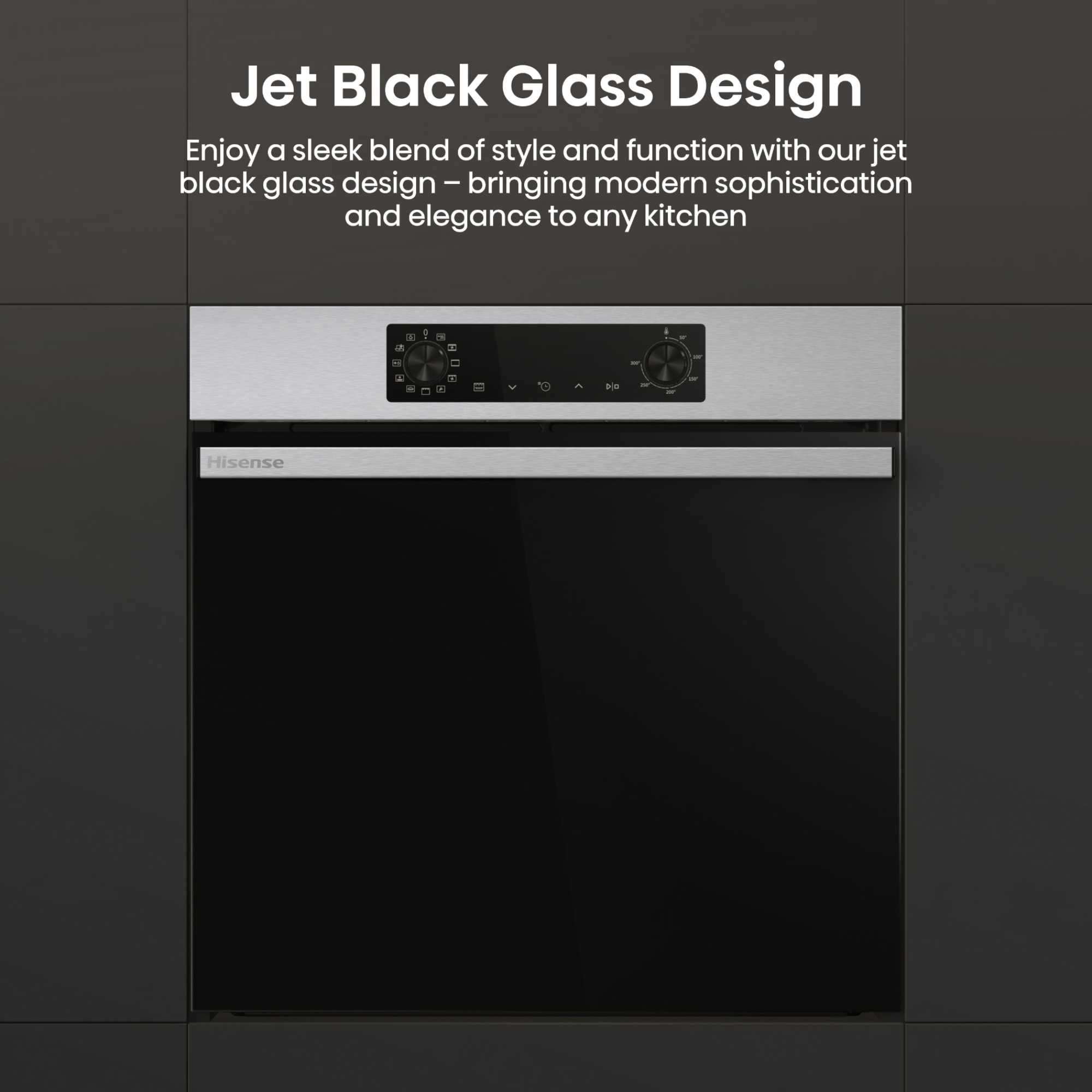 Sleek built-in electric single oven with a jet black glass front and stainless steel accents, featuring a control panel with knobs and digital display for easy operation.