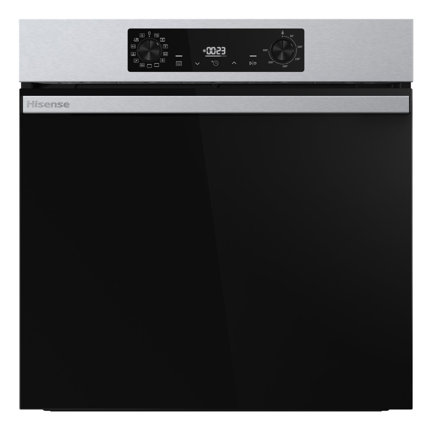 Stainless steel electric single oven with a sleek black glass front, digital display, and control knobs, featuring pyrolytic cleaning technology.