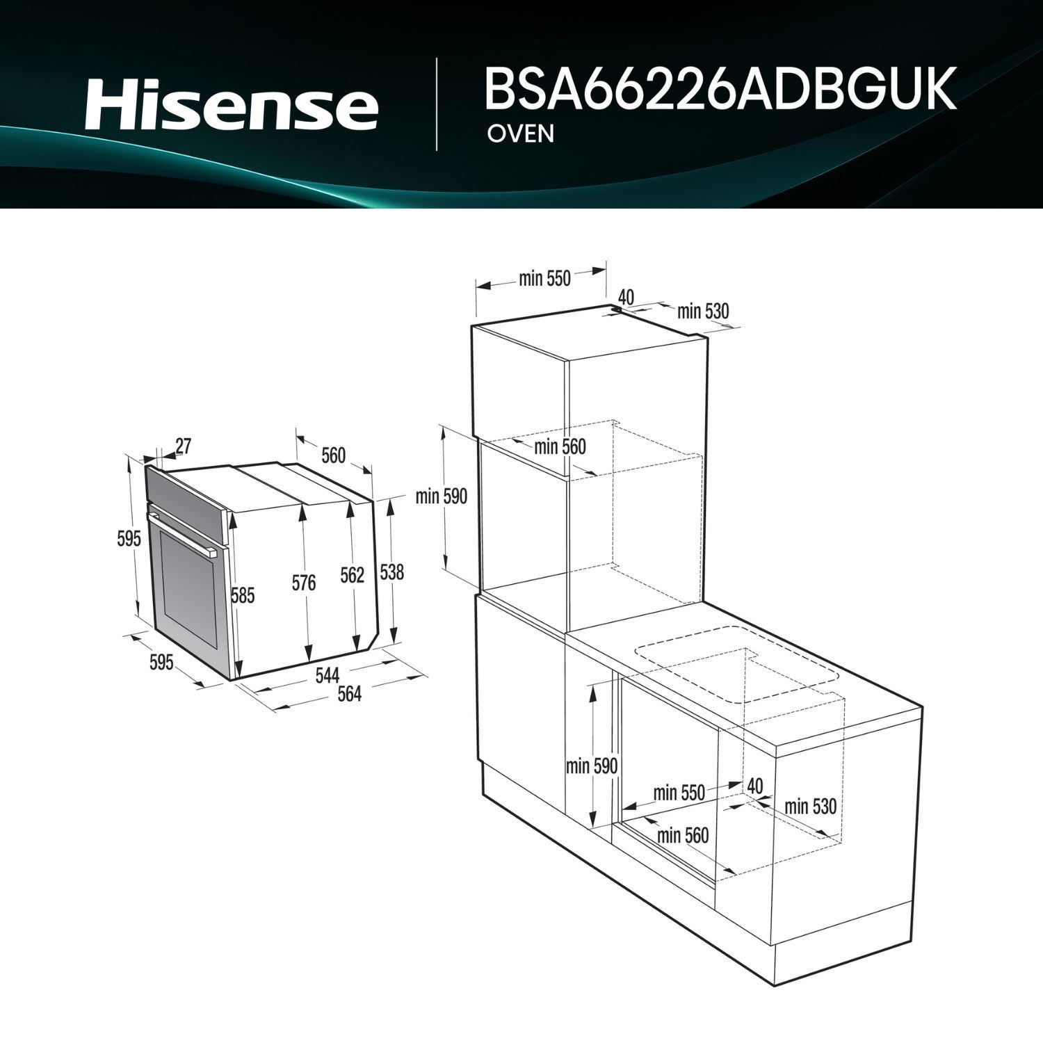 Hisense Hi4 BlackLine BSA66226ADBGUK 77L Built In Electric Single Steam Jet Black Oven - image 2