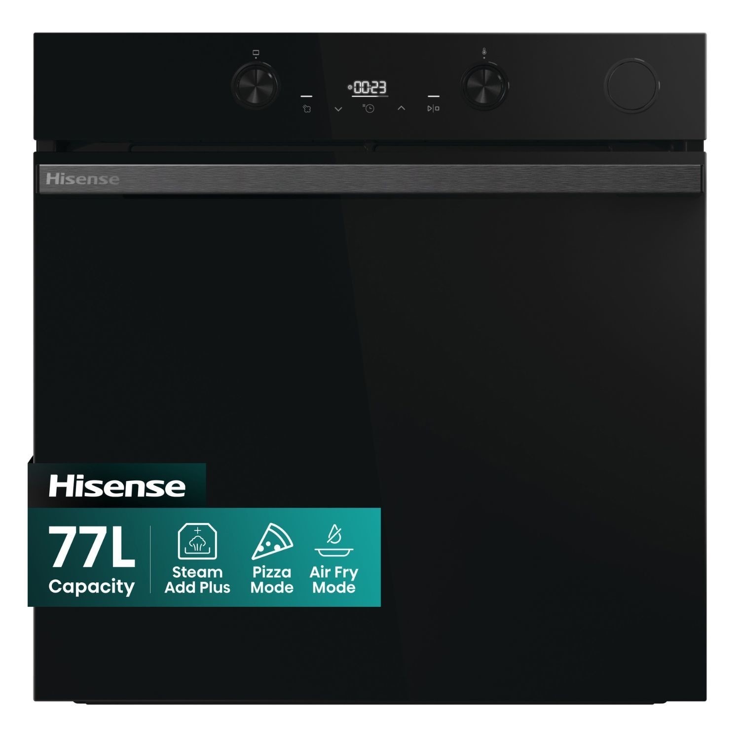 Built-in electric single oven in jet black with a 77L capacity, featuring a sleek design, digital display, and control knobs, labeled with Steam Add Plus, Pizza Mode, and Air Fry Mode icons.